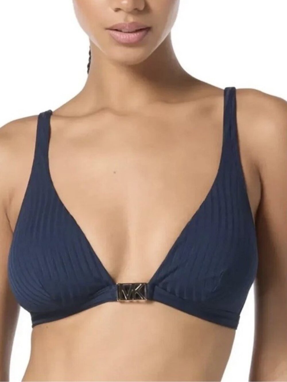 Michael Kors Women's Ribbed Hardware V-Neck Bikini Top Midnight Size M New